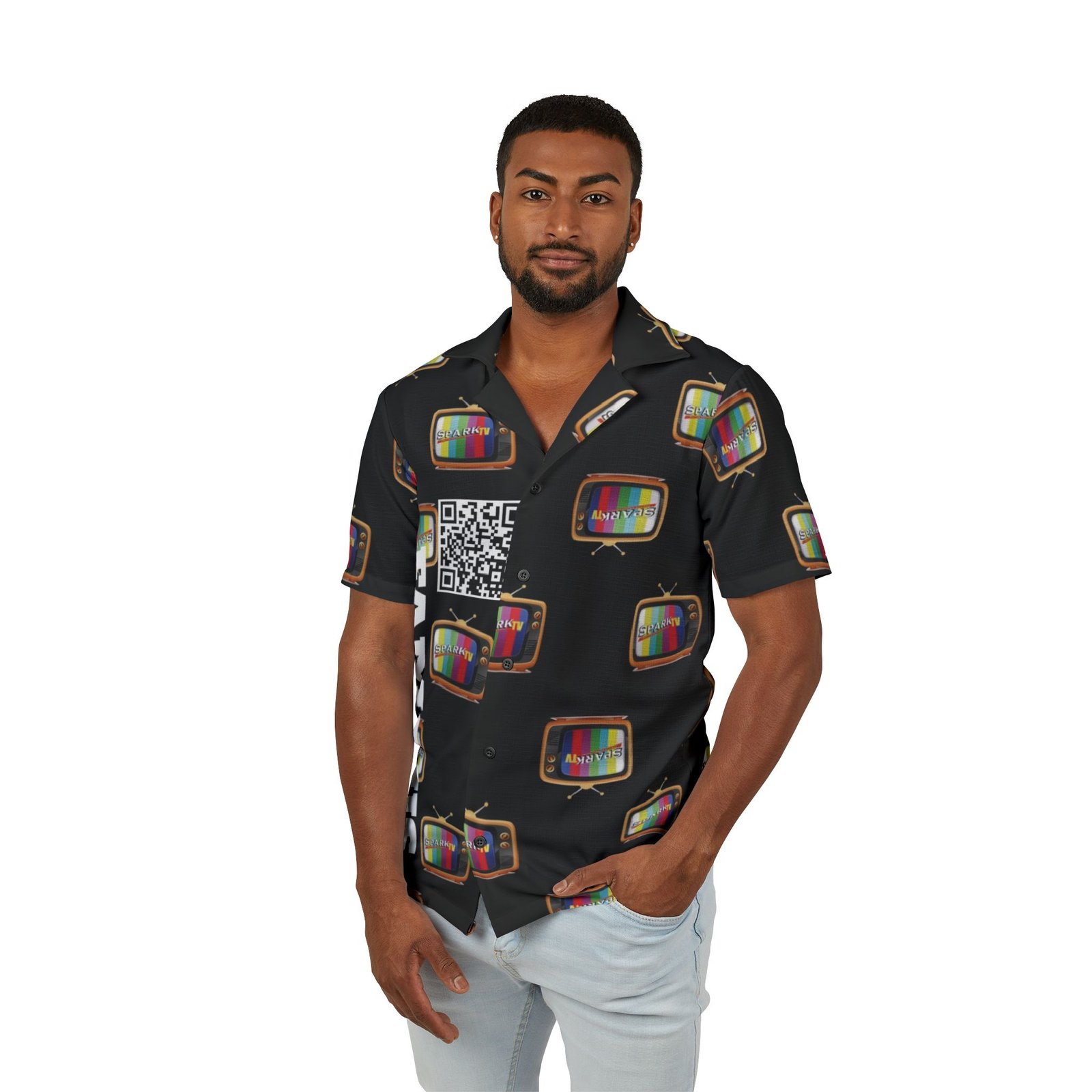 Spark TV Hawaiian Camp Shirt — "FAMOUS" QR Back Print - Image 3