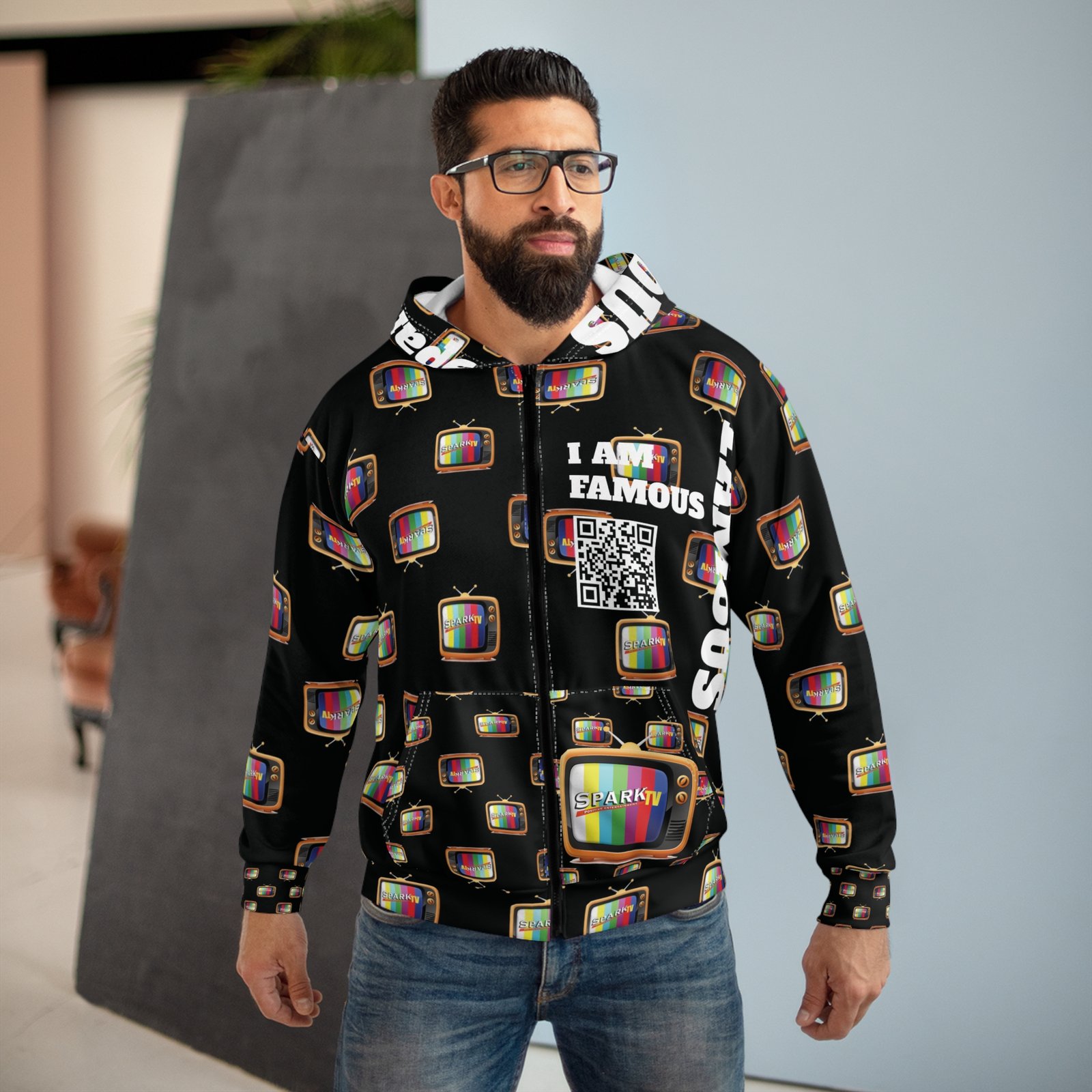 Black Spark TV Unisex Zip Hoodie (AOP) - Image 2