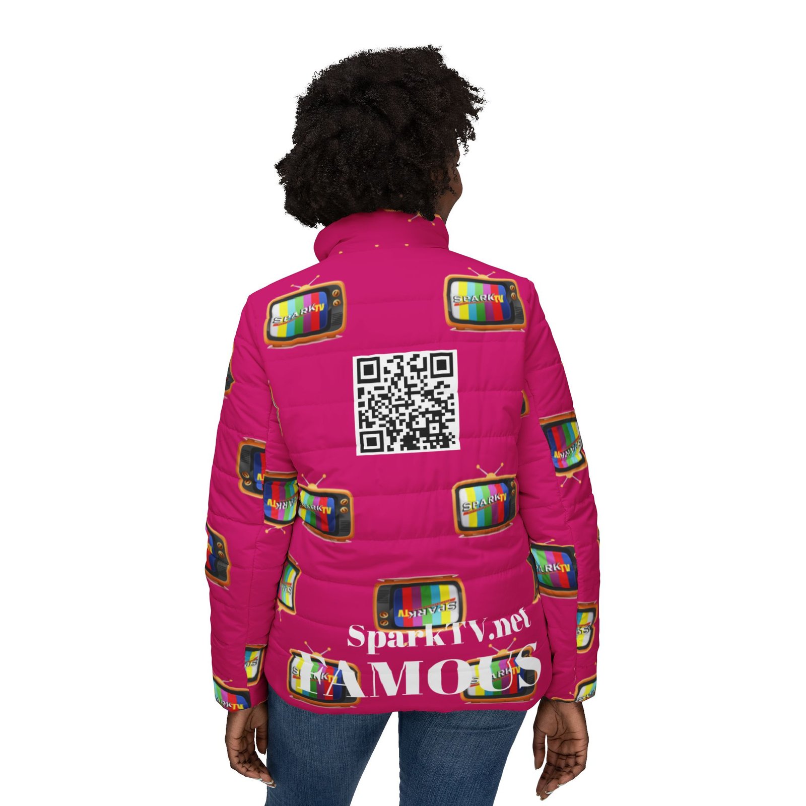 Spark TV Pattern Puffer Jacket for Women | PINK All-Over Print - Image 4