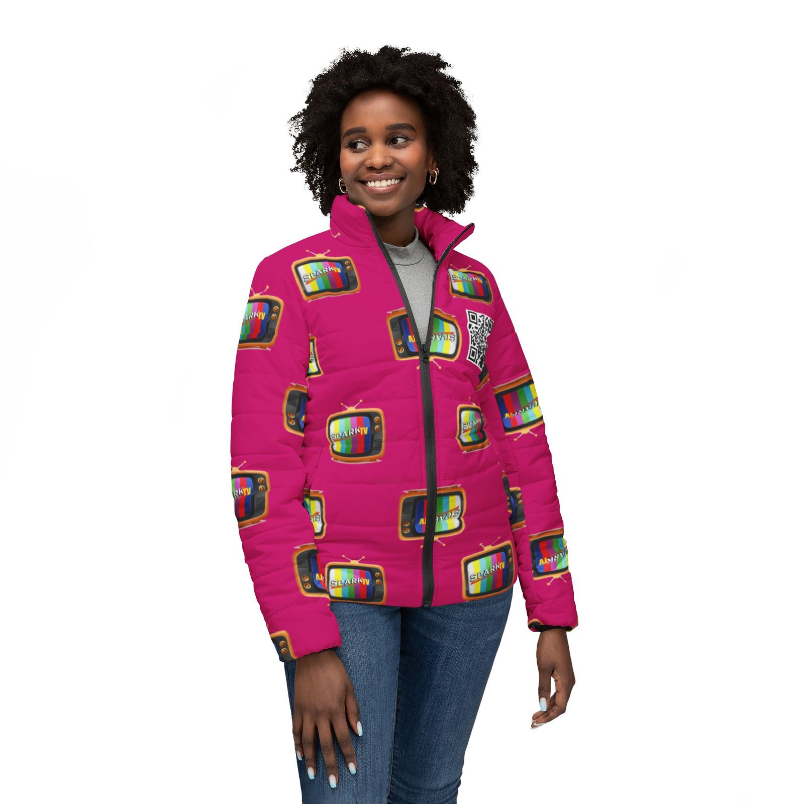 Spark TV Pattern Puffer Jacket for Women | PINK All-Over Print - Image 3