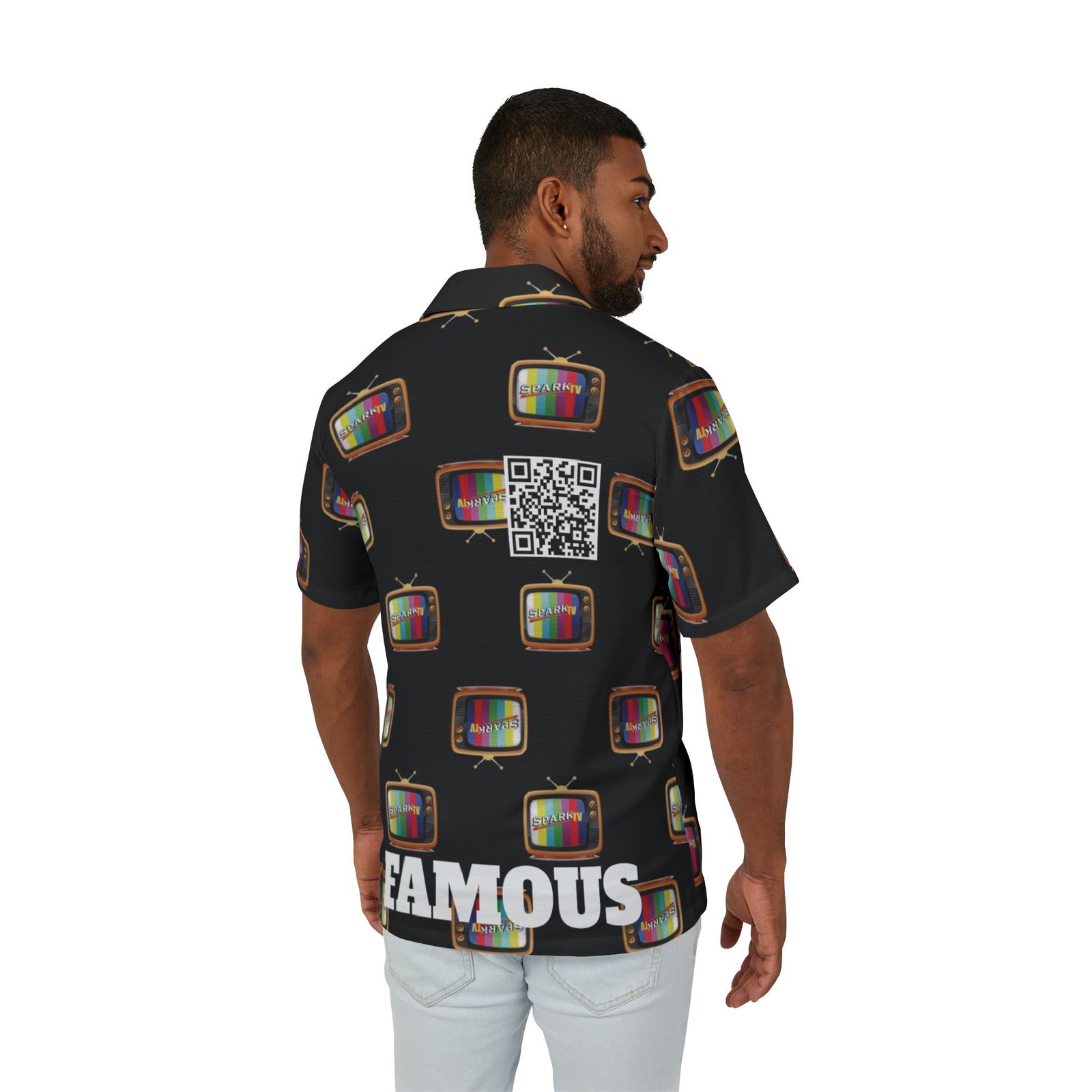 Spark TV Hawaiian Camp Shirt — "FAMOUS" QR Back Print - Image 4