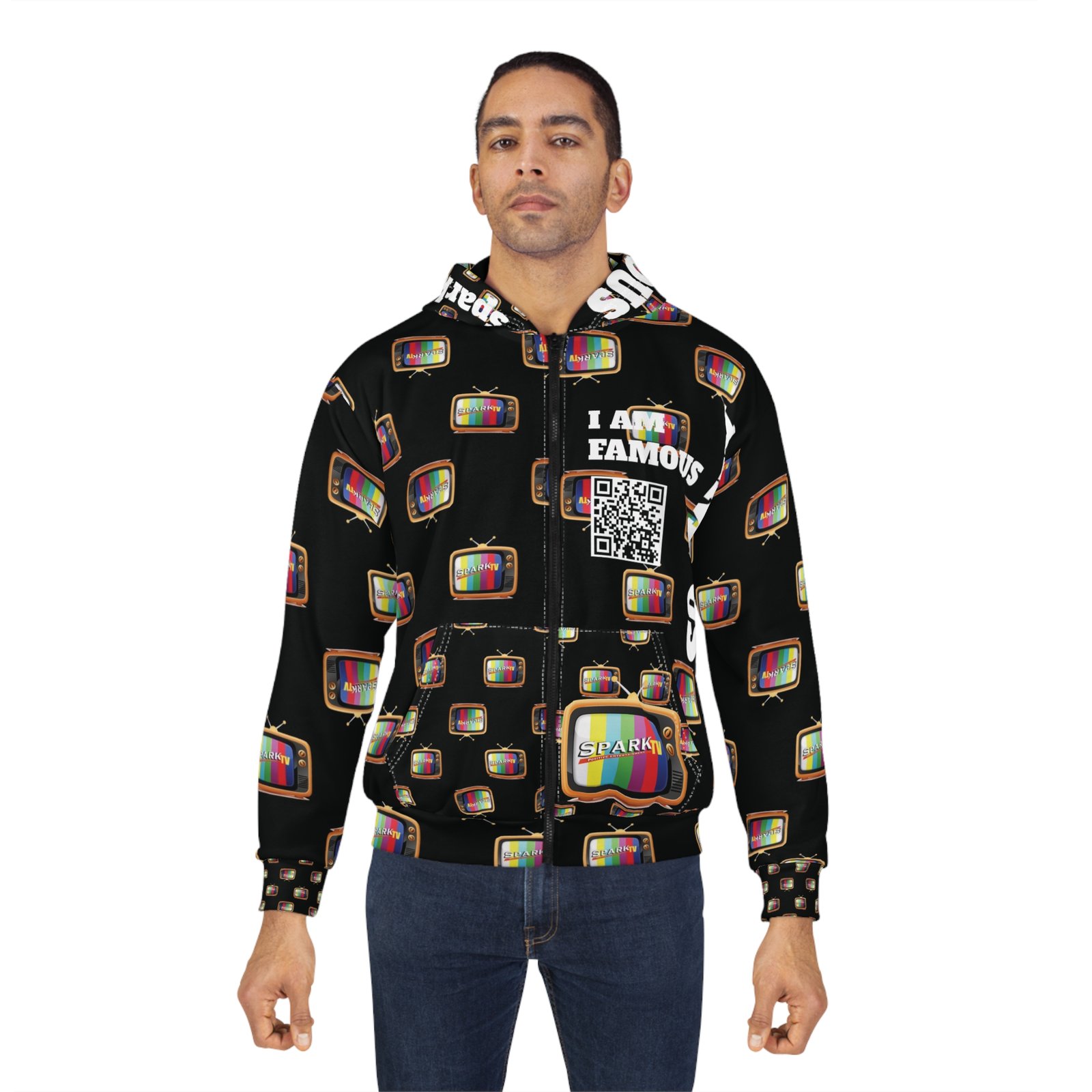 Black Spark TV Unisex Zip Hoodie (AOP) - Image 4