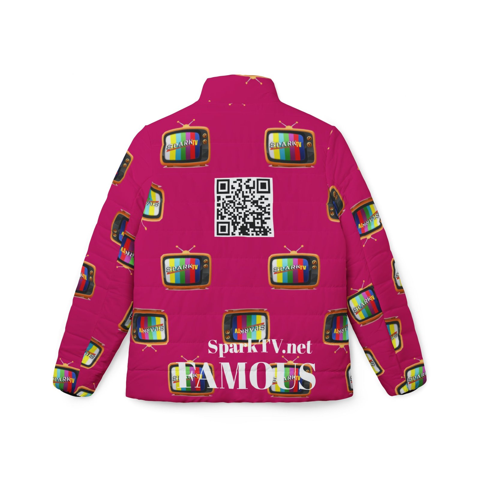 Spark TV Pattern Puffer Jacket for Women | PINK All-Over Print - Image 2